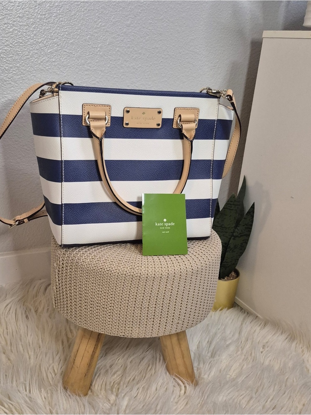 Kate Spade - Navy and White Striped Tote with Tan Trim